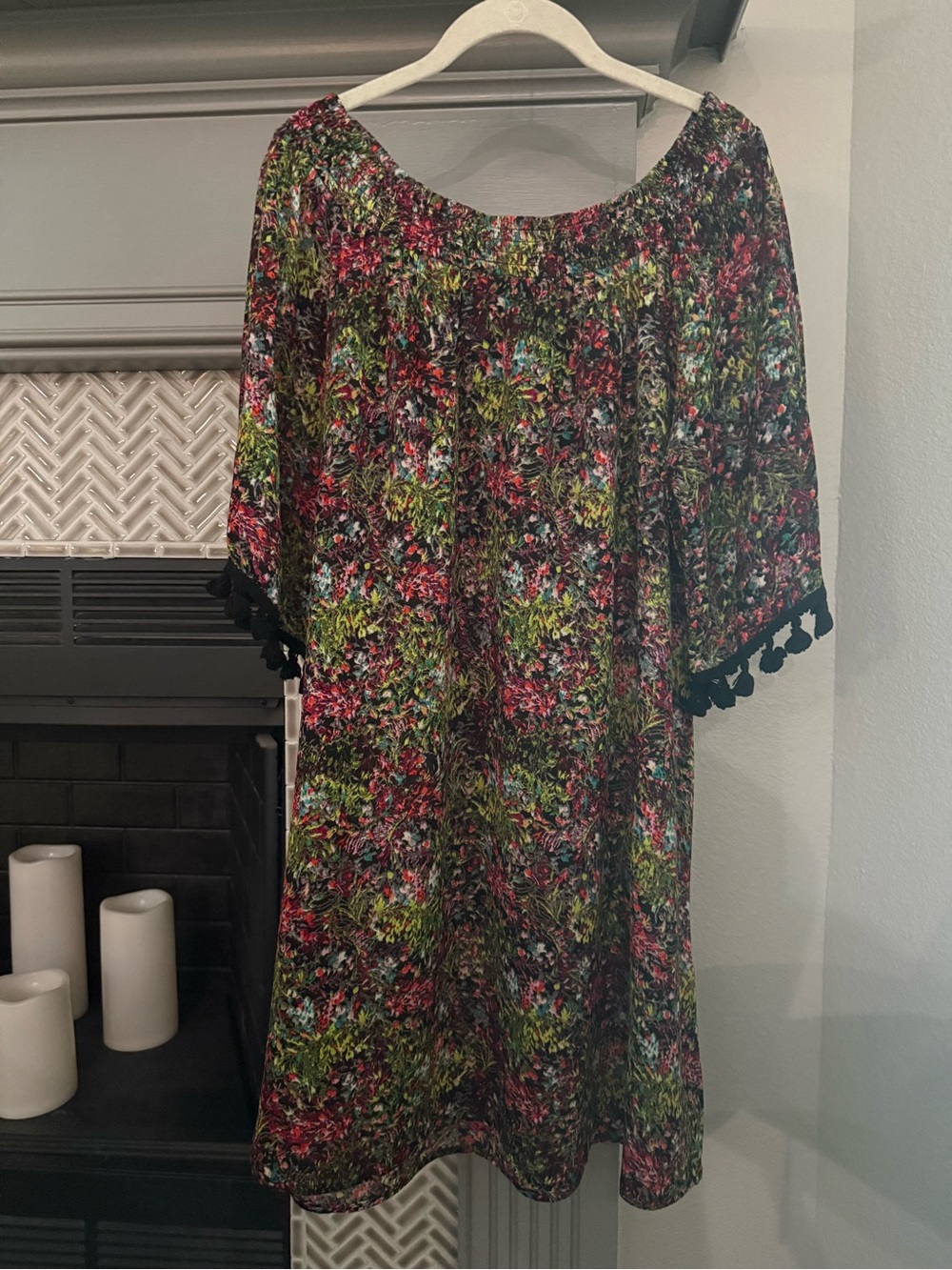 Off-Shoulder Floral Tassel-Trim Dress in Multi Pink & Green